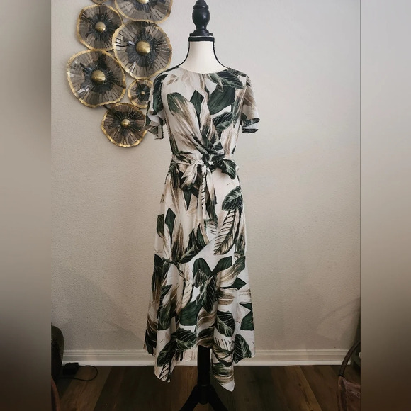 Great Jones Cream Green Tropical Leaf Print Tie Waist Midi Dress - Picture 1 of 12